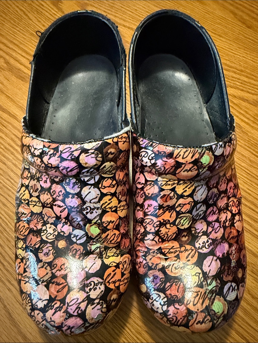 Dansko Professional Viola Dot Cursive Multicolor Printed Leather Clogs Size 38